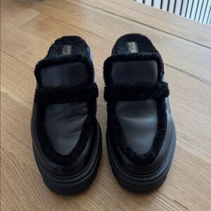 Stuart Weitzman Black Leather Fur-Trim Platform Loafers